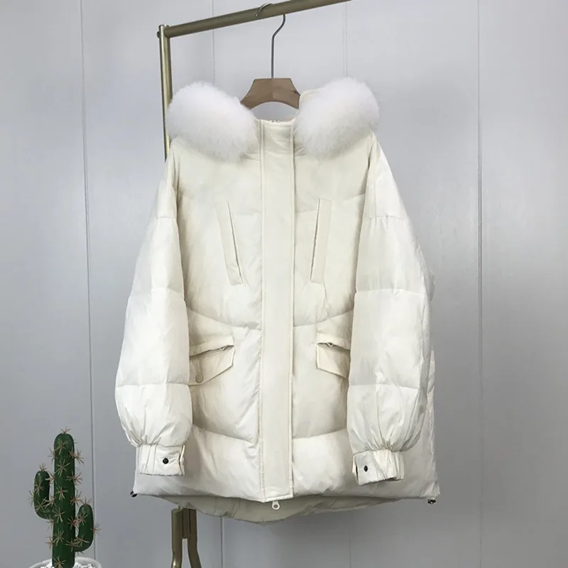 Piumino bianco invernale da donna 2021 New Fashion donna medio autunno lungo oversize spesso collo di pelliccia grande giacca casual calda donna