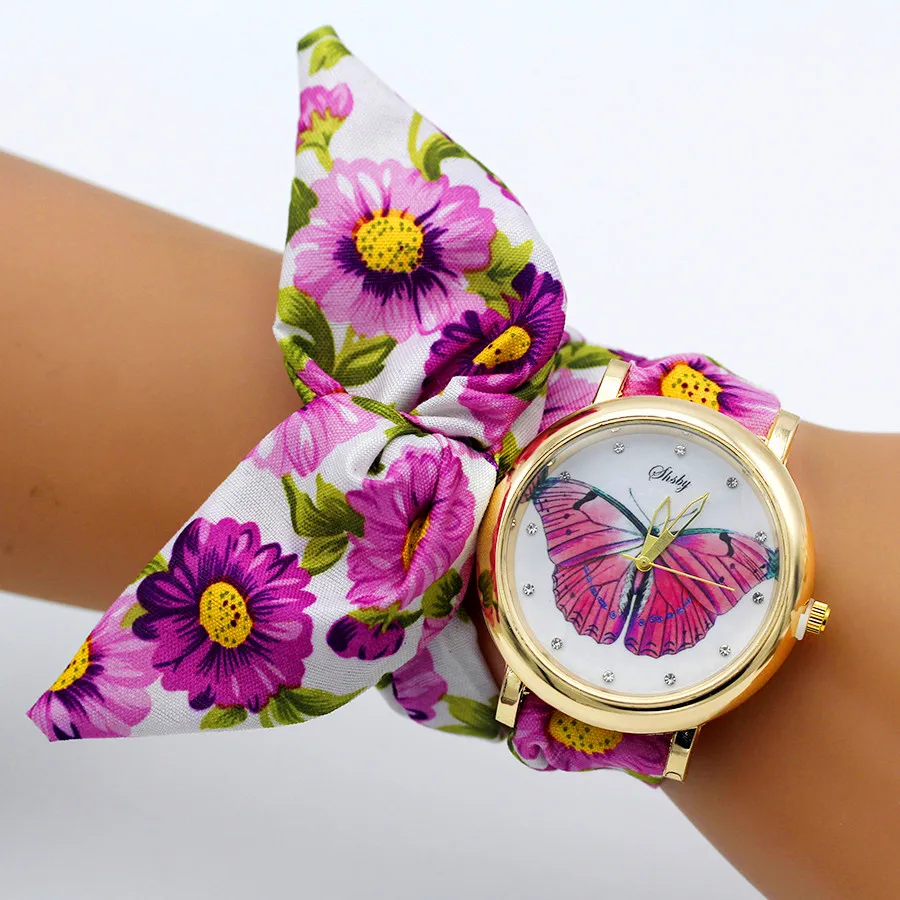 Shsby Neue Damen Blume Tuch Armbanduhr Mode Frauen Kleid Uhr Hohe Qualität Quarzuhr Süße Mädchen Uhr Stoff Uhr