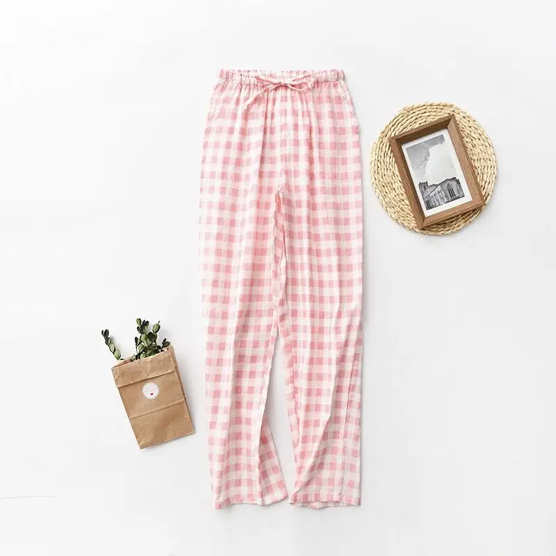 2022 Spring Autumn New Women Men 100% Cotton Gauze Sleep Bottoms Male Nighty Trousers Sleepwear Pyjama Lovers Casual Plaid Pants