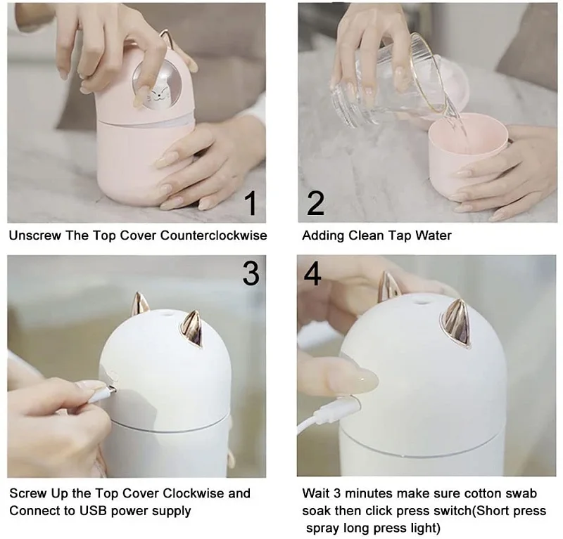 300ML Hình Thỏ Dễ Thương Siêu Im Lặng Di Động Điện Máy Tạo Độ Ẩm Không Khí Siêu Âm Đầu Đốt Vape Mini Tinh Difuser Purificador