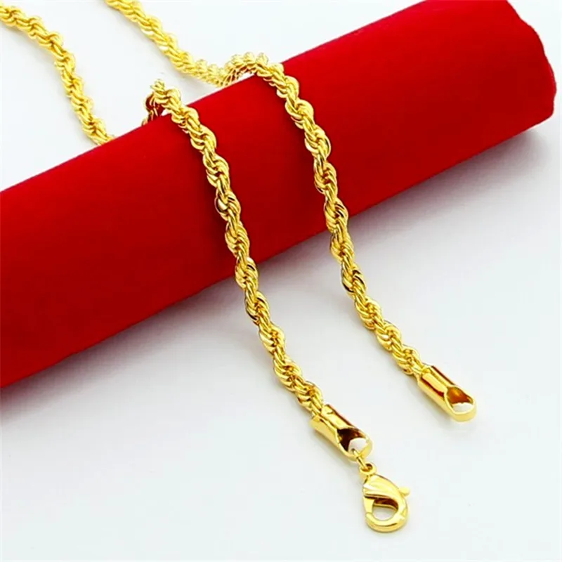 Hip Hop 24K Gold Color Necklace 3MM Twisted Rope Twist Electroplating Gold Necklace for Men & Women Wedding Jewelry Gifts