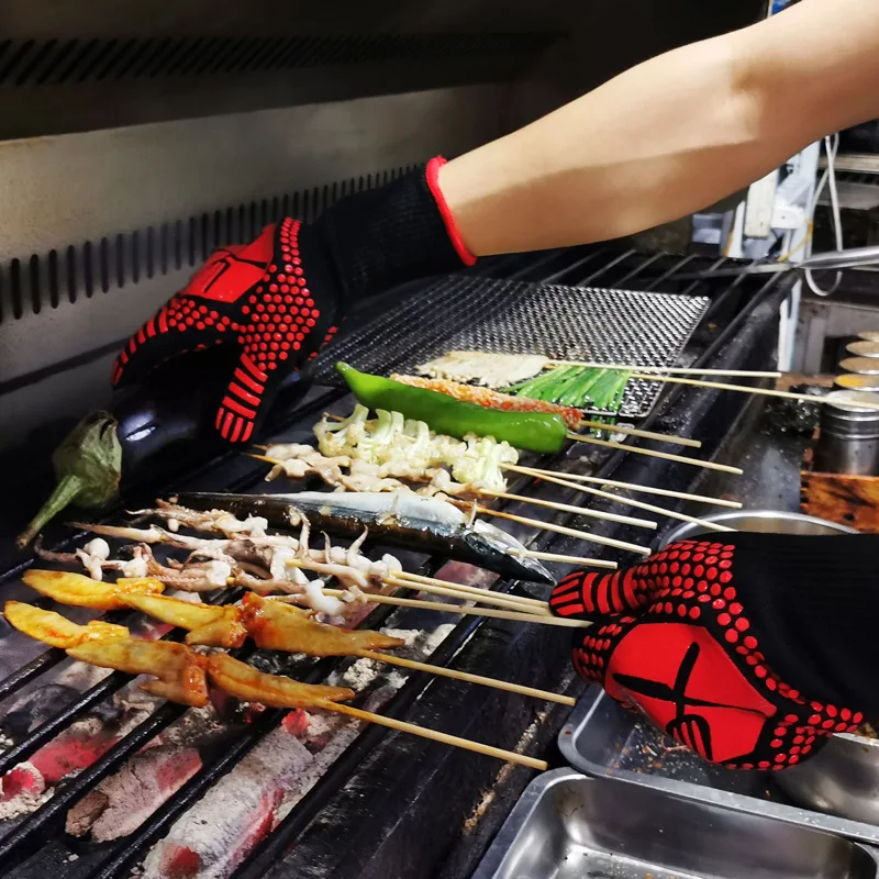 1 pcs Bbq Gloves Work Gloves Silicone Barbecue Fireproof Microwave Heated Baking Kitchen Grill Anti-High Temperature Oven Gloves