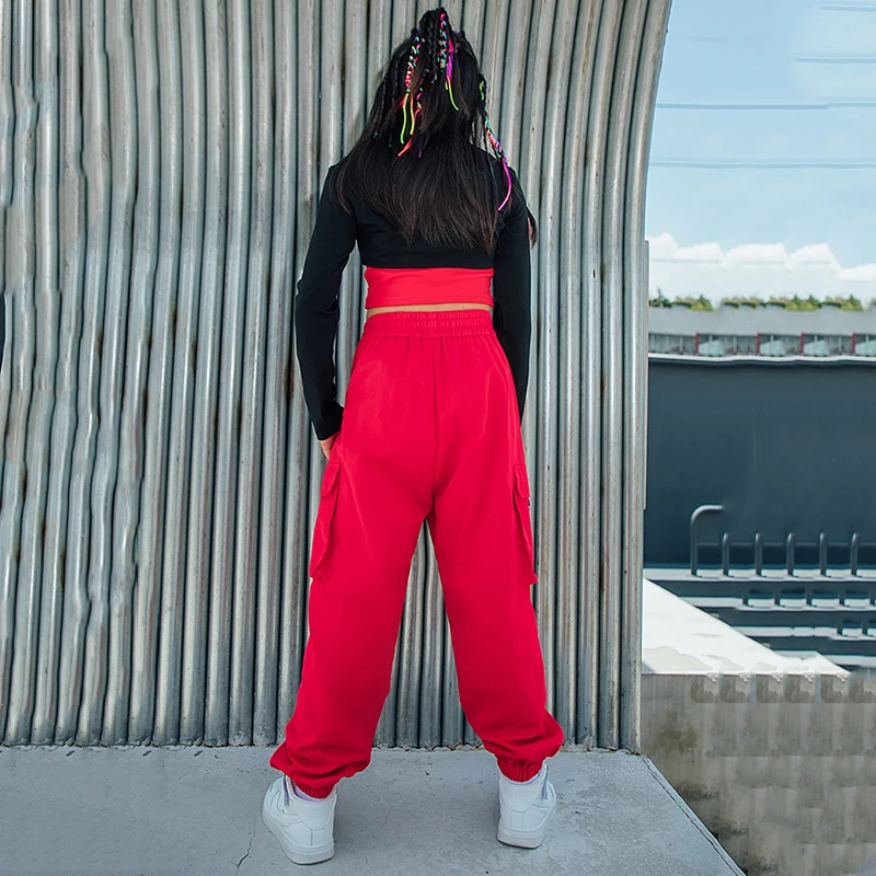 Moderne Jazz Dansvoorstelling Kostuum Hip Hop Kids Kleding Meisjes Crop Tops Rood Cargo Broek Catwalk Tij Street Dance Wear BL7091