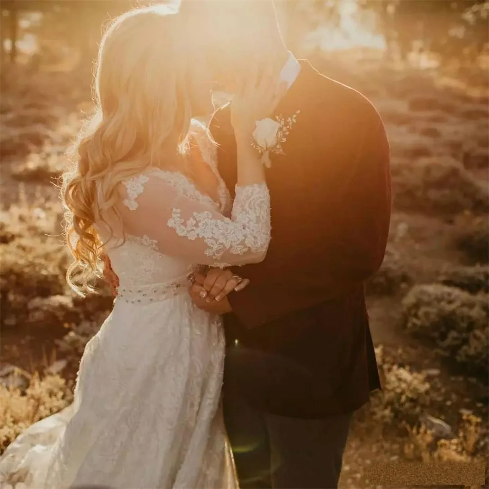 Vestido de novia de manga larga estilo bohemio, ropa de novia de talla grande, con apliques de encaje, estilo campestre, hecho a medida