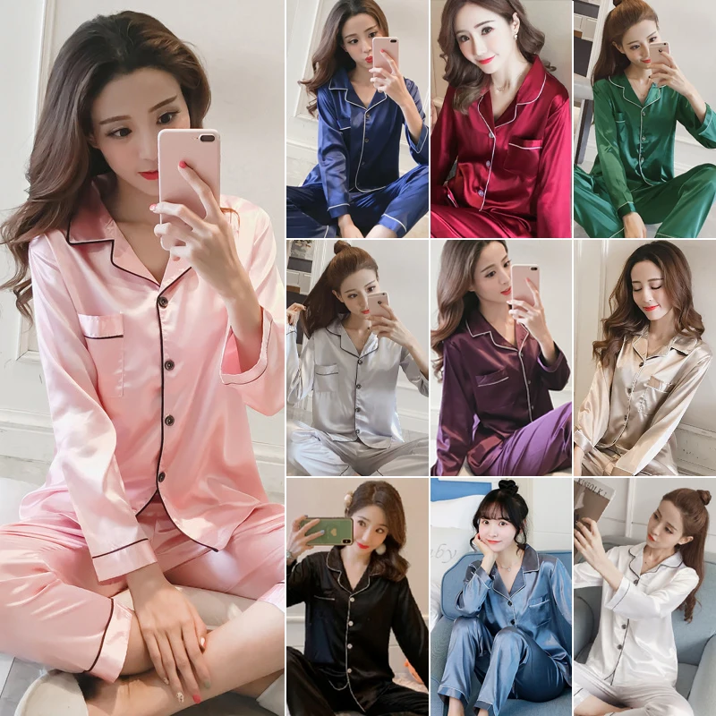 Womens Silk Satin Pajamas Sleepwear Long Sleeve Pajamas Suit Female Sleep Two Piece Set Women's Loungewear Pyjamas Set Plus Size