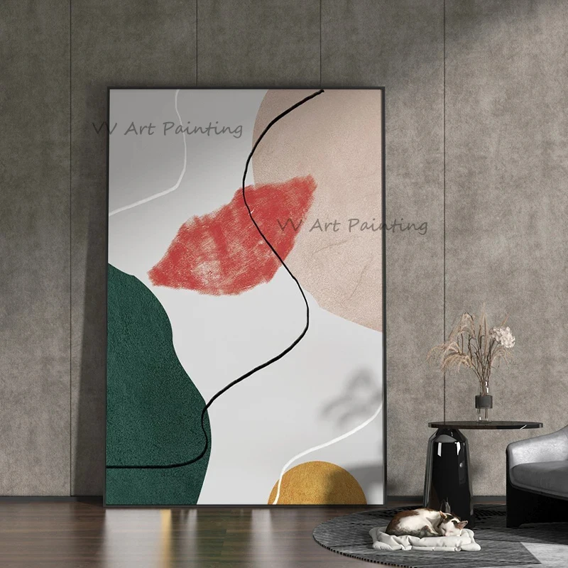 New Arrival Hand Painted Abstract Geometric Oil Painting Impasto Color Block Line Wabi Sabi Original Vertical Canvas Artwork