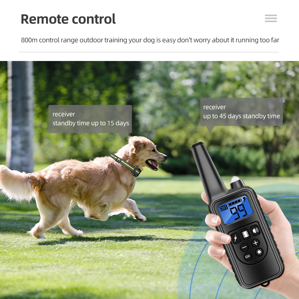 800m Dog Training Collar Pet Electric Shocker Anti Barking Device Remote Control Waterproof Rechargeable for All Size Dogs