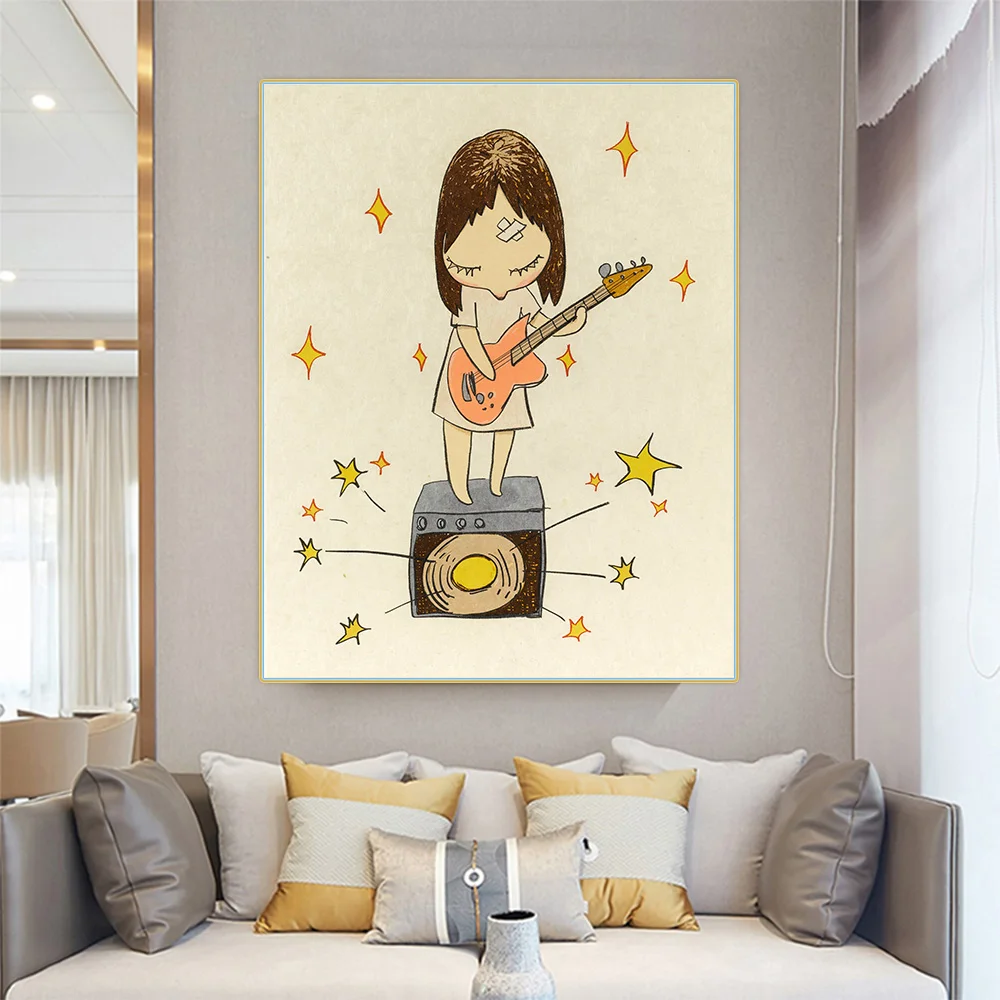 Citon Yoshitomo Nara《Guitar Girl》Canvas Oil painting Artwork Poster Picture Modern Wall decor Home Living room Decoration