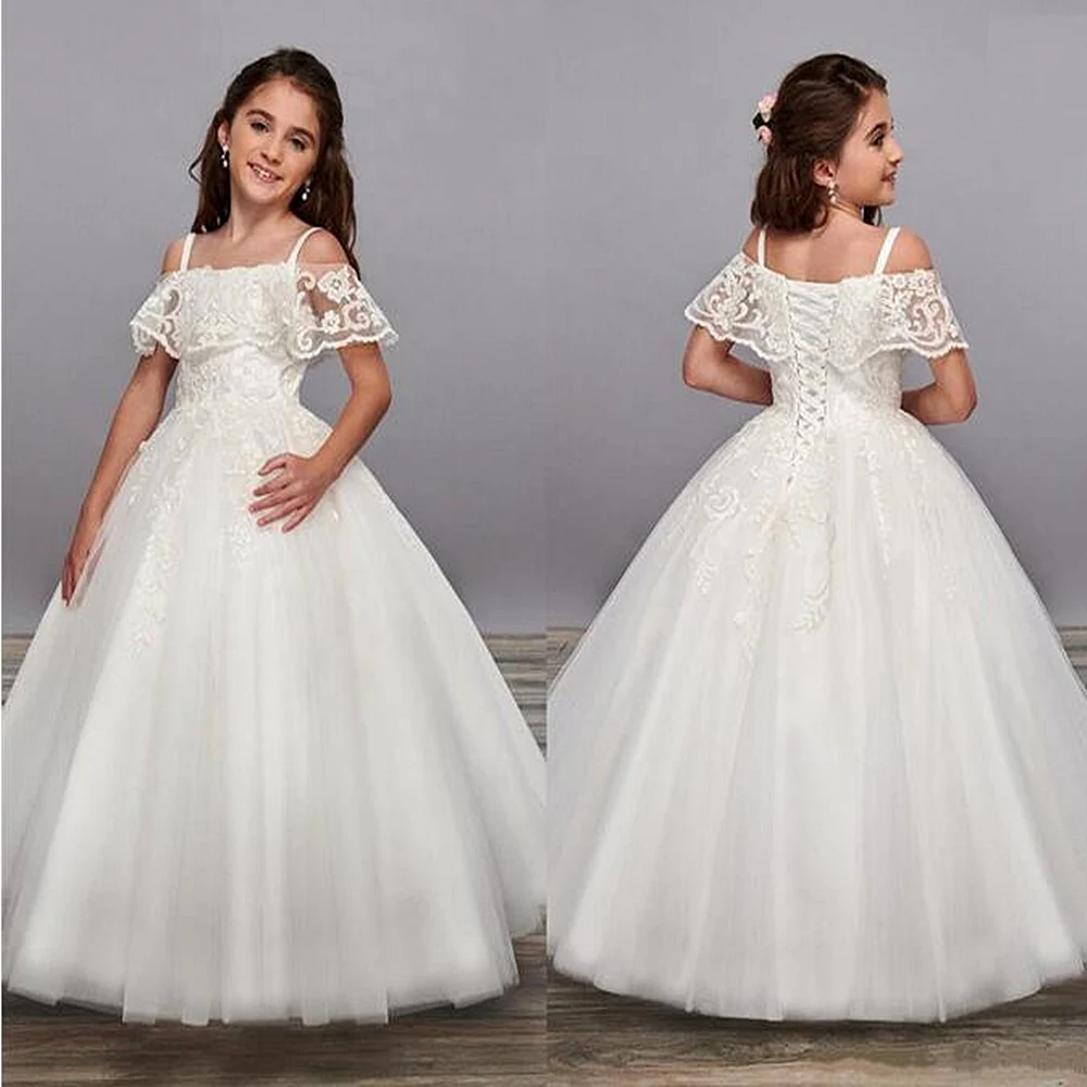 

Flower Girl Dresses Ivory Elegant First Communion Dress For Little Girl O-Neck Cheap Kids Princess Dress