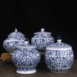 Ceramic Blue White Porcelain Storage Tank with Lid Living Room Entrance Decoration Tea Pot Candy Small Object Family Storage Jar