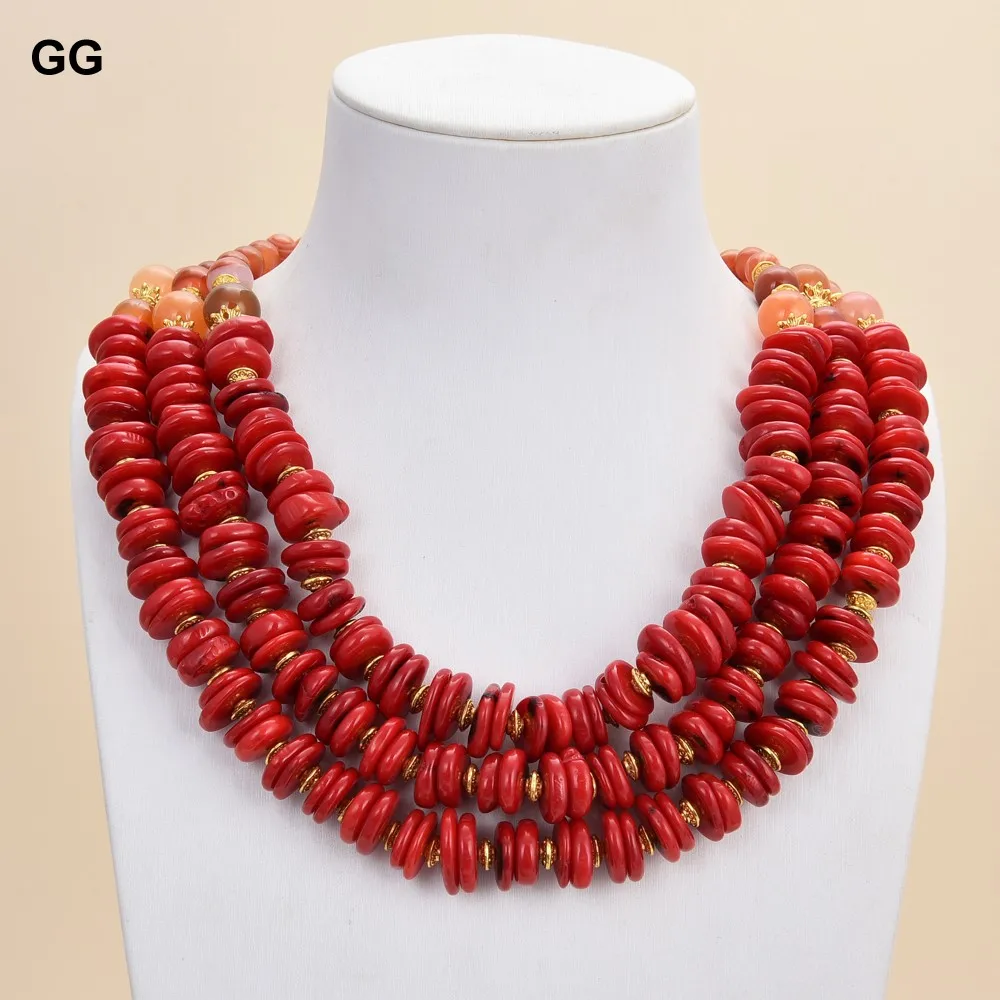 

G-G 18" 3 Strands Red Agate Carnelian Red Freedom Coral Necklace For Women