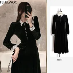 Hot Sales 2021 New Design Fenimine Vestidos Women Fashion Long Sleeve Patchwork White Lace French Style Long Black Dress D1721