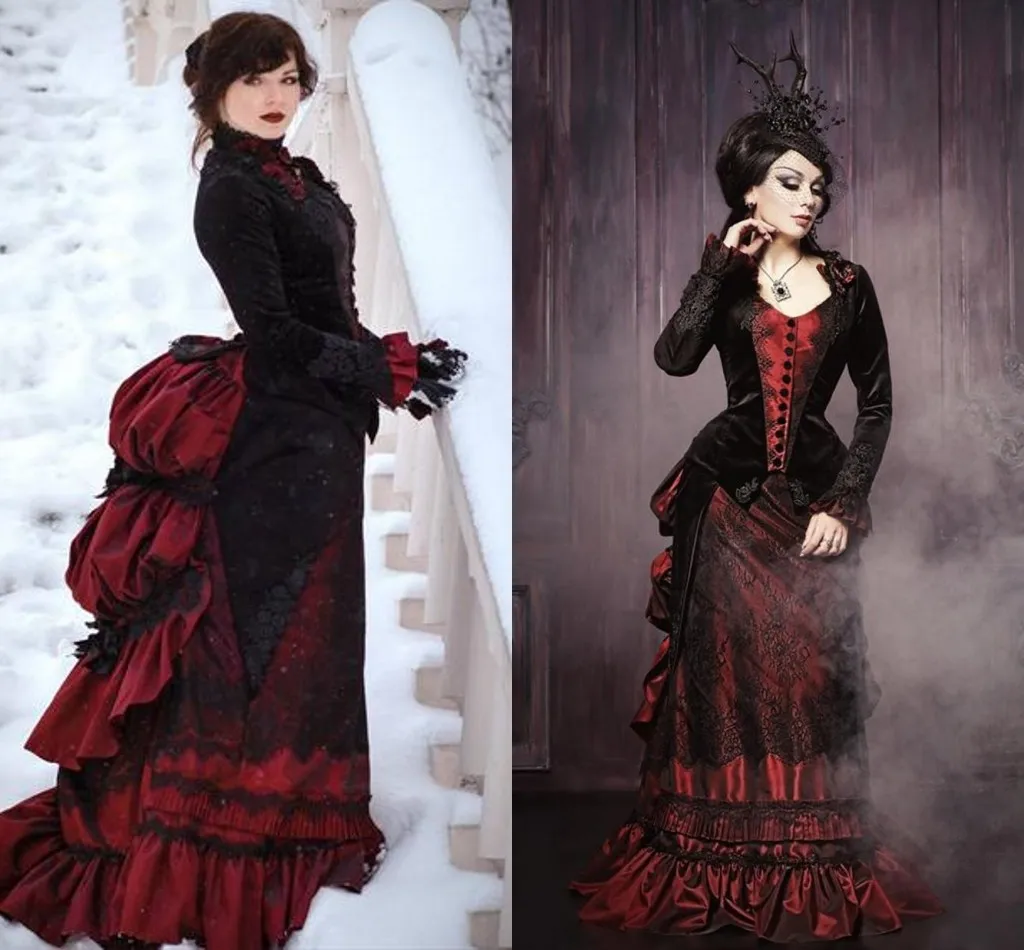 Vintage gotischen viktoria nischen Brautkleid schwarz und rot 2022 Blumen trubel gerafften Rock Schnür korsett Herbst Winter Brautkleid