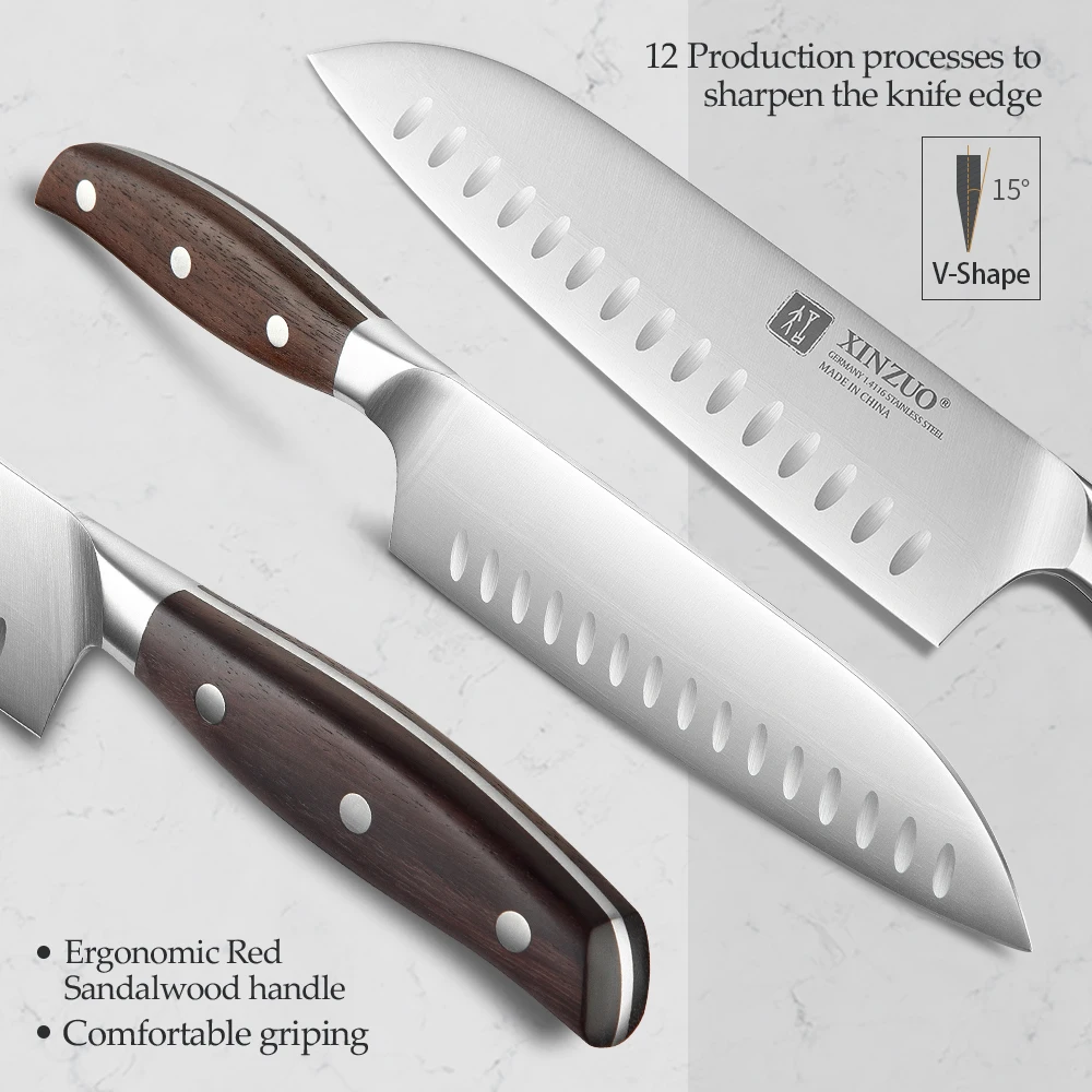 XINZUO 3 sztuk zestaw noży kuchennych Santoku Utility Chef nóż niemcy 1.4116 ze stali nierdzewnej czerwone drzewo sandałowe akcesoria do gotowania