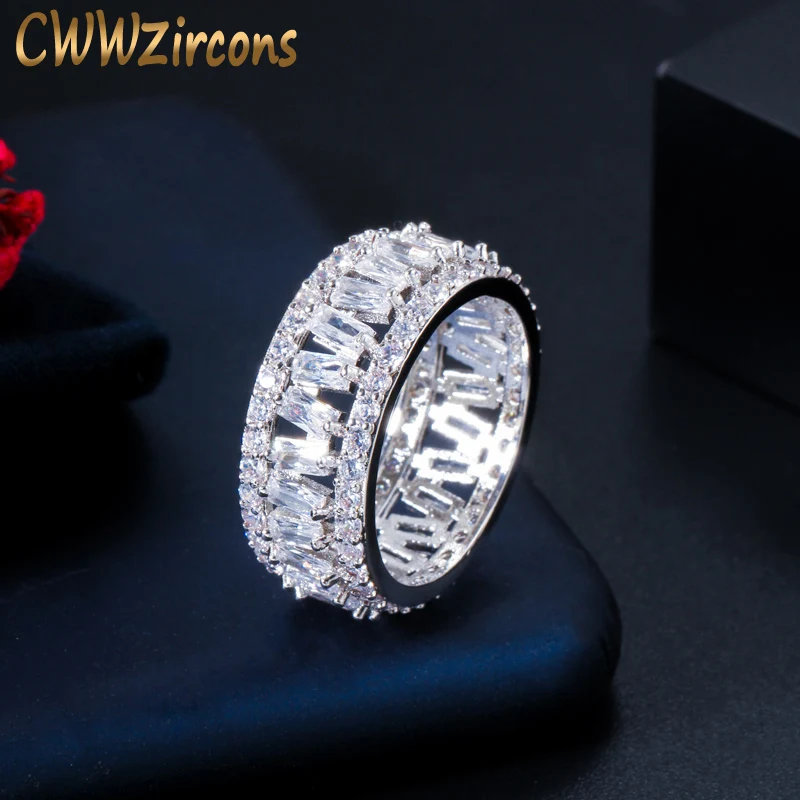 

CWWZircons Trendy Sparkling White Baguette Cubic Zirconia Elegant Women Round Engagement Ring for Party Wedding Accessories R174