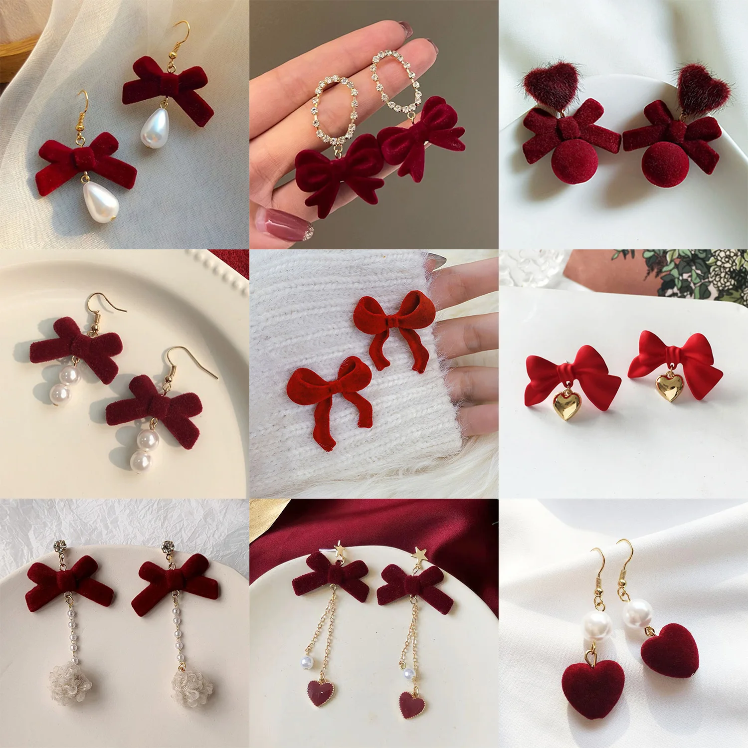 Christmas Red Bow Drop Earring For Women Temperament Heart Flocking Bowknot Christmas Earring Girls New Year Festival Jewelry