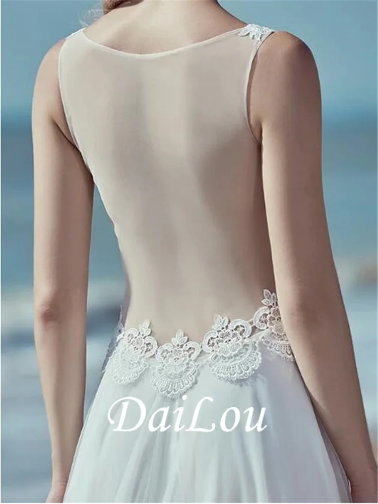 Abiti da sposa a trapezio scollo a V Sweep / Brush Train Lace Tulle cinghie regolari spiaggia trasparente Backless con pizzo 2021