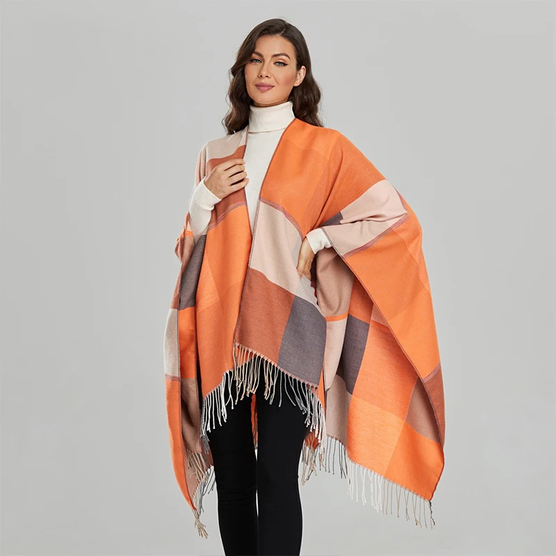 New Imitation Cashmere Women Plaid Tassel Vintage Poncho Split Scarf Winter Warm Shawl Wrap Female knitted Cloak Thick Blanket