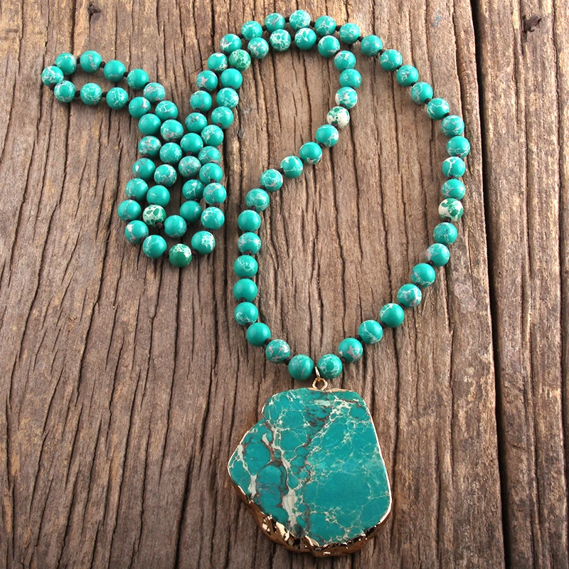 RH Fashion Boho Jewelry Blue Green Stone Long Knotted Stone Pendant Necklaces Women Necklace Gift Dropship