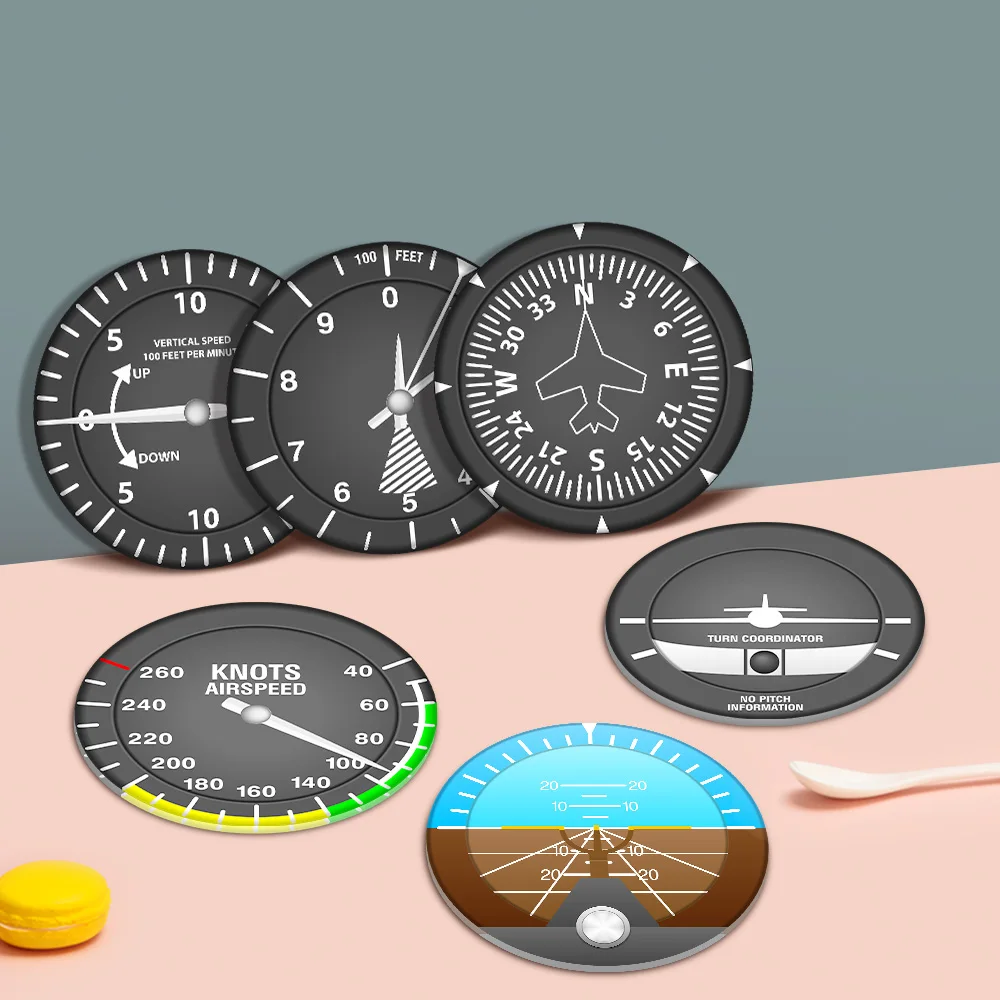 Juego de 6 posavasos para instrumentos de avión, instrumentos de vuelo modernos, posavasos para cóctel, navegador, decor