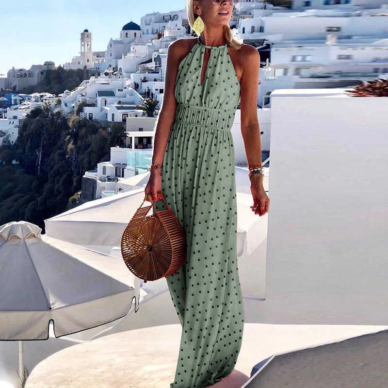 2021 Summer Boho Floral Print Long Party Dress Women Elegant Halter Sleeveless Maxi Dress Spring Backless Hollow Out Dresses 2XL