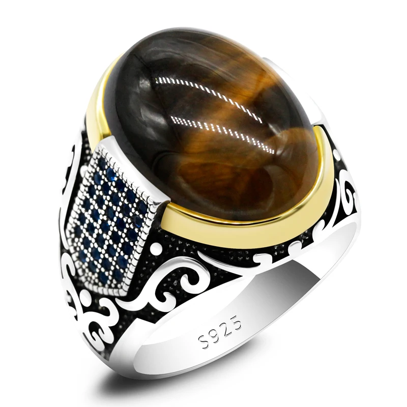 Genuine sterling silver antique Turkish ring with stone tiger eye men\'s colorful punk rock jewelry