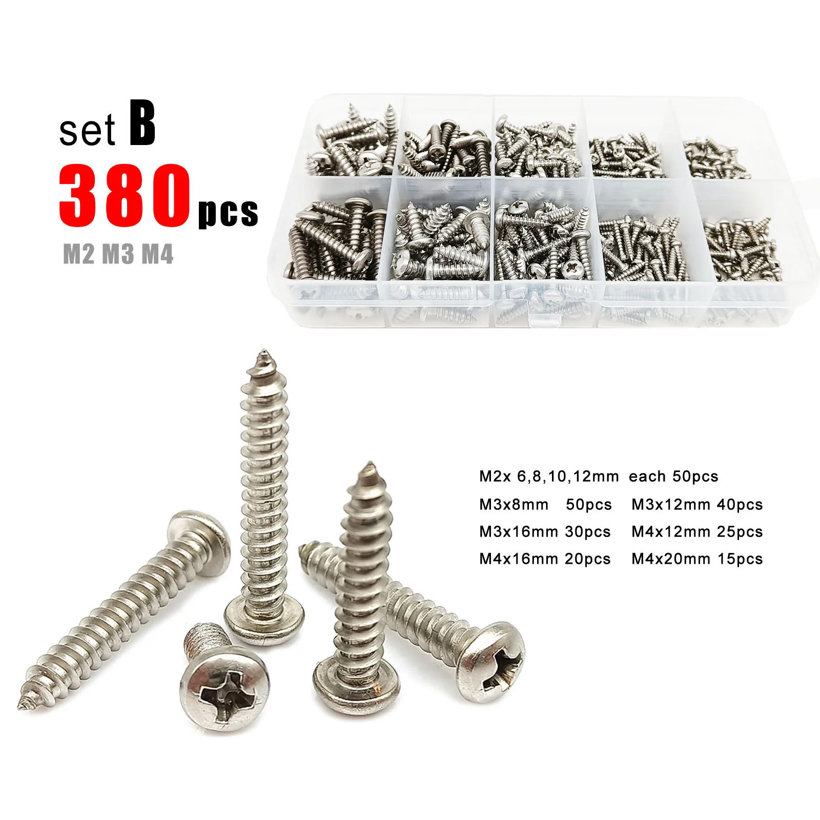 380/1010pc M1.2 M1.4 M1.7 M2 M3 M4 A2 304 Stainless Steel Mini Cross Phillips Round Pan Head Self Tapping Wood Screw Set Kit Box