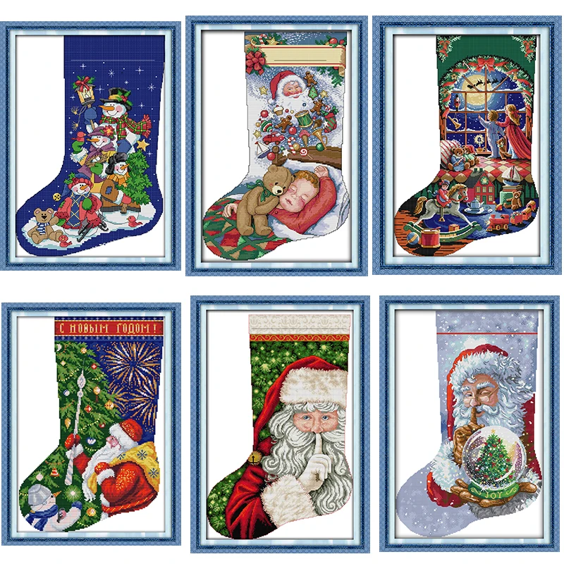 Christmas Stocking Series Stamped Cross Stitch Kit Cartoon Pattern 14CT 11CT Count Printing Embroidery Craft Set Needlework Gift