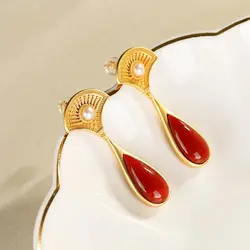 Natural Hotan Enamel porcelain chalcedony fan-shaped Drop Earrings Chinese style retro unique craft small design women's jewelry