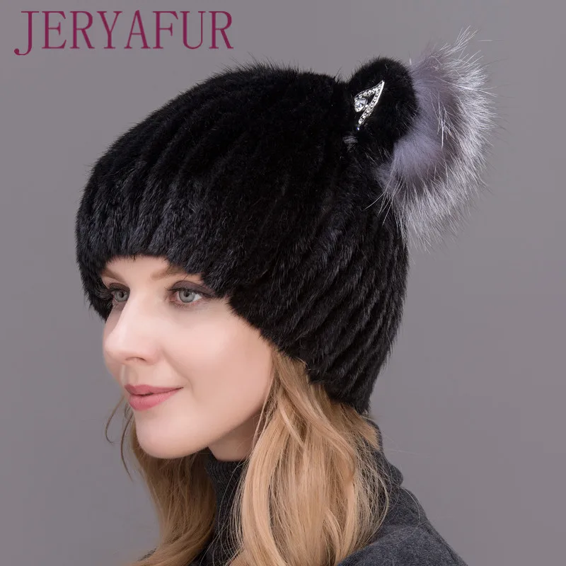 JERYAFUR Winter Women\'s Mink Hat Vertical Weaving Hat Genuine Natural Fox Mink Fur Cap Lovely Cat Ears Style Hats