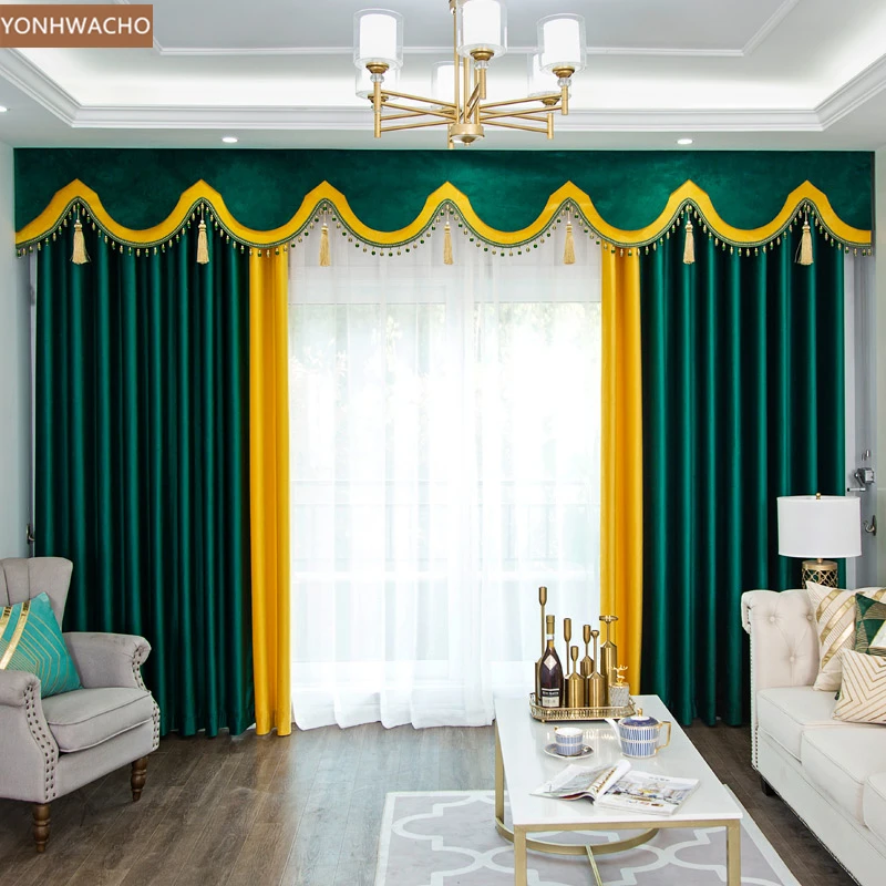 

Custom curtain high grade thick luxury shading velvet living room villa green cloth blackout curtain valance tulle panel C242