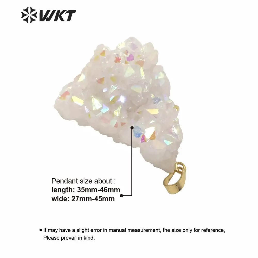 WT-P1561 Wholesale Single Hoop Natural Druzy Cluster Quartz Angel Pendant Amazing Rainbow Aura Stone For Jewelry Making