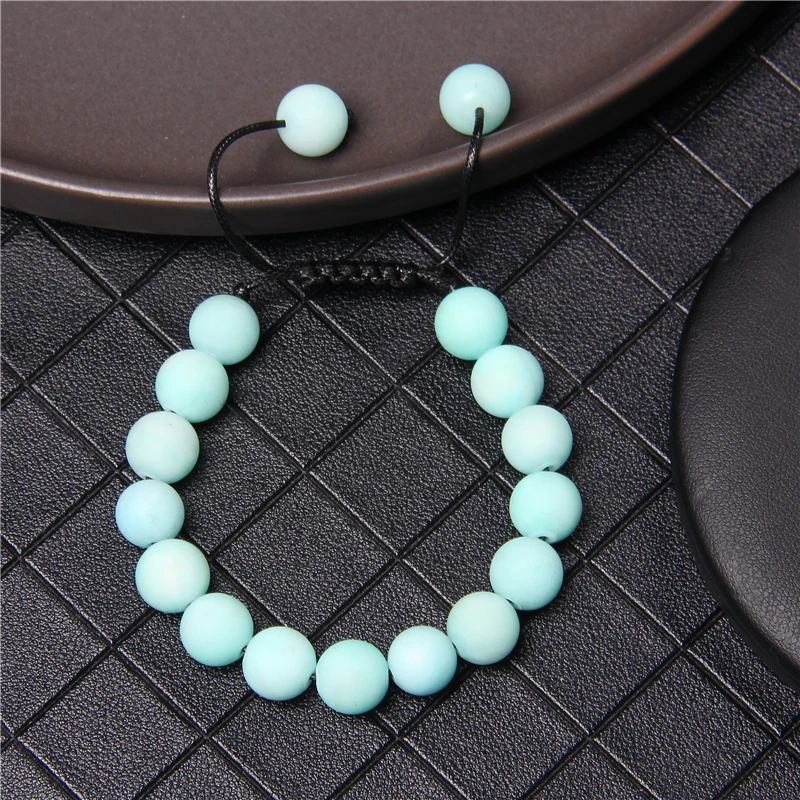 Matte Couple personality 10mm bead bracelet black rope blue Amazonite gray agat stone beaded braided bracelet jewelry lover gift