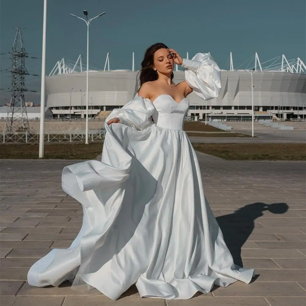 Lindo vestido de casamento de cetim com manga bufante, a-linha, vestidos de noiva femininos com ombro nu, amor, design exclusivo, branco, 2021