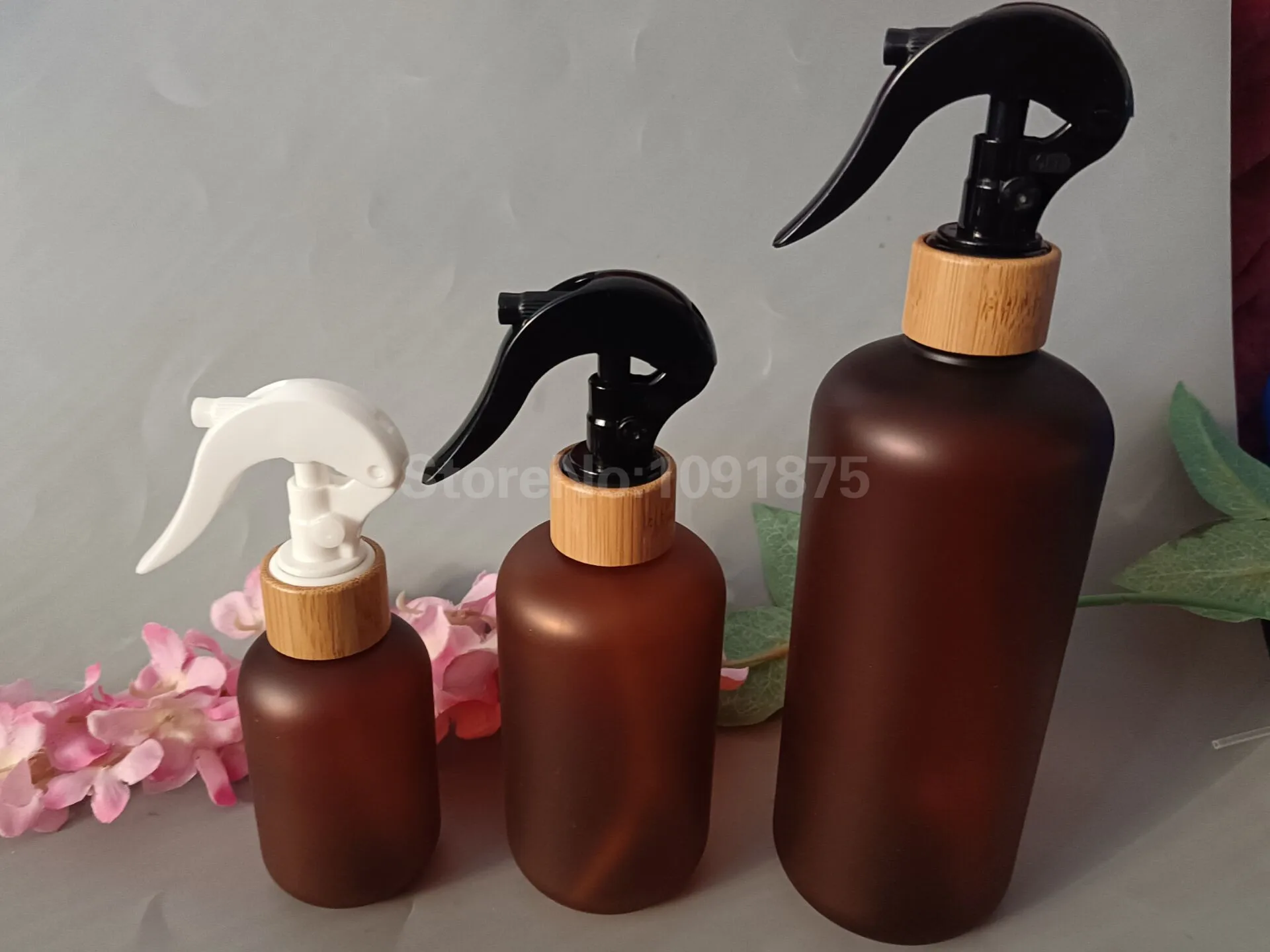 10pcs 120ml 250ml 500ml Frosted Amber Plastic Bottle With Bamboo Trigger Sprayer Brown PET Mist Spray Bottle Cosmetic Bottle