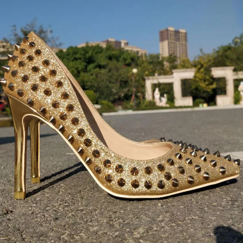 Bling Bling Ladies Metal Rivets Studs Pumps Stilettos Pointed Toe Spring Golden Silver Sequined Spikes High Heels Wedding Shoes