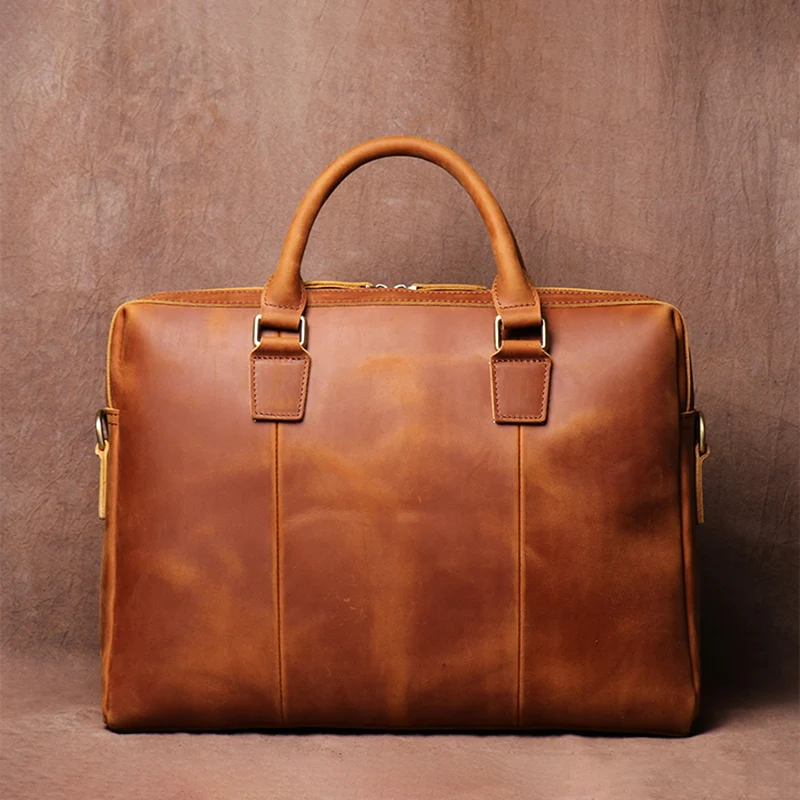 ZRCX Vintage Bags Briefcase Men Shoulder Man Handbag Crazy Horse Genuine Leather Brown Casual Fashion 15.6 Inch Laptop Bag