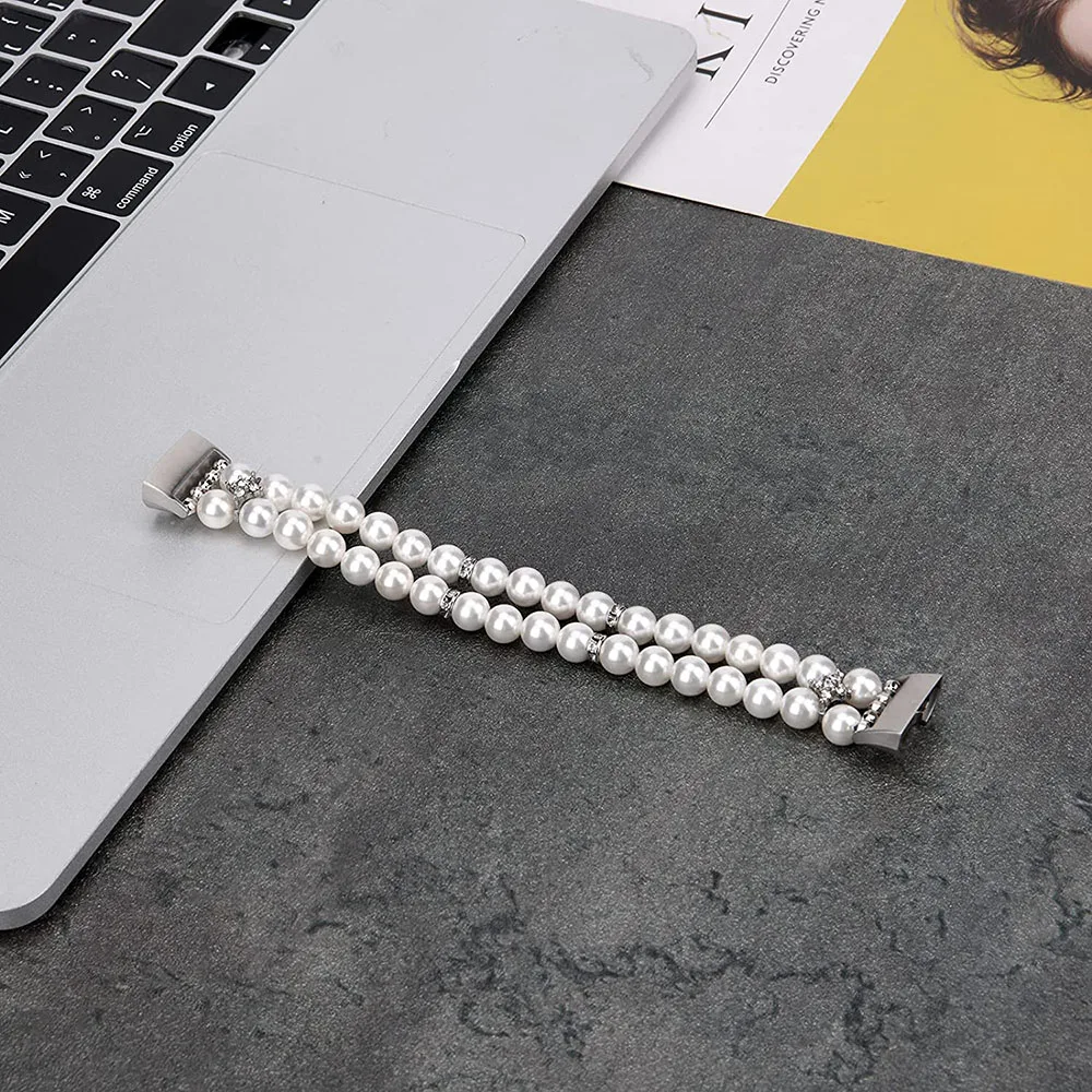 White Pearl Wrist Bracelet for Fitbit Charge 5/ Charge 6 Band Replacement Luxury Jewelry Strap Handmade Beaded Dressy