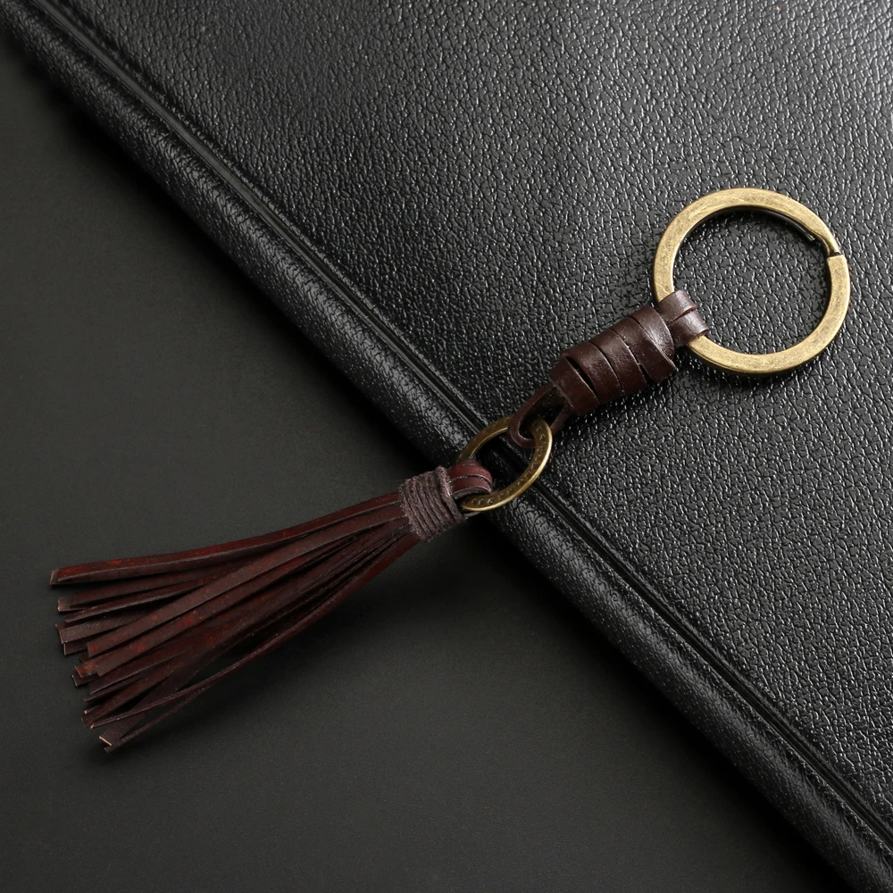 2024 Trend New Classical Hand-woven Tassel Brown Leather Simple Personality Keychain Men\'s Accessories Jewelry Women