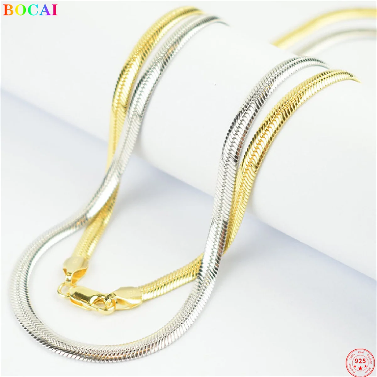 

BOCAI S925 Sterling Silver Charm Necklace for Women Colors Flat Snake-chain Pure Argentum Neck Jewelry Gift for Mother Lover