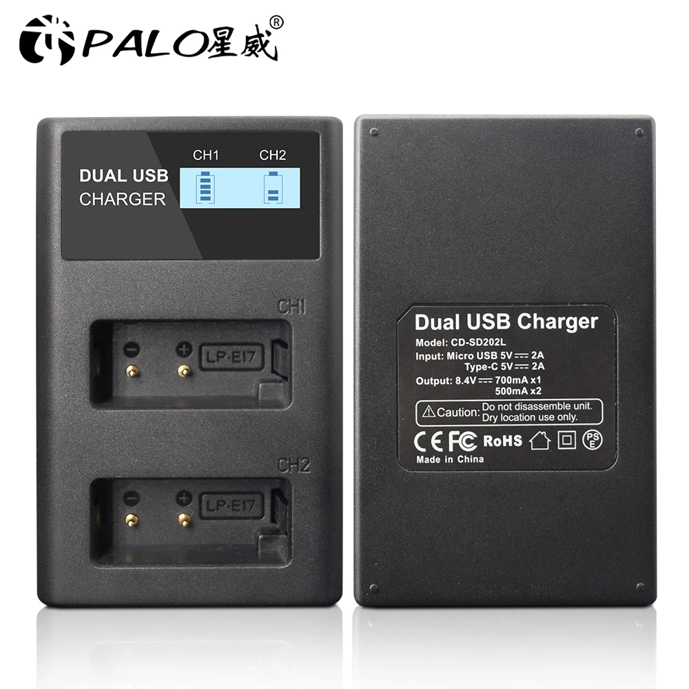 PALO LP-E17 LPE17 LP E17 Digital Camera Battery LCD USB Charger with Type C Port for Canon EOS M3 M5 M6 Rebel T6i T7i EOS