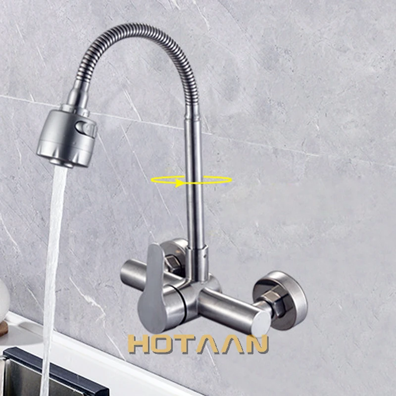 Wall Mounted Stream Sprayer Kitchen Faucet Single Handle Dual Holes SUS304 Stainless Steel Swivel Faucet 360 Degree Rotation