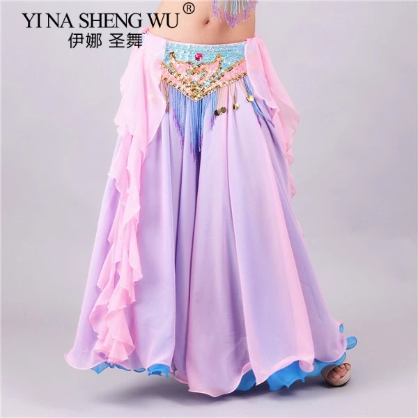 Women Belly Dance Costume Double Colors Long Maxi Side Split Skirt Full Circle Skirt Dance Performance Skirt Adult(Without Belt)