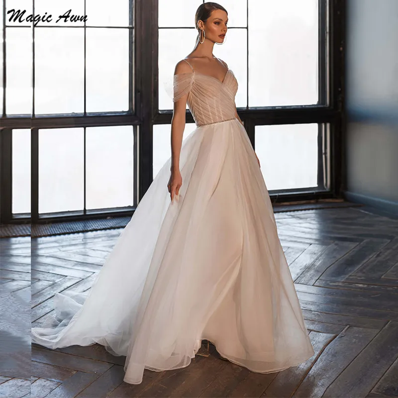 Magic Awn – Robe de mariée de princesse élégante, effet d'illusion, épaules dénudées, perlée, ligne a, style Boho, avec lacets dans le dos, 2021