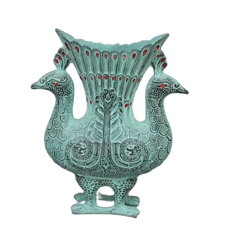 

Chinese Old Bronze Ornaments Double Phoenix Phoenix Peacock Vase Vase Home Furnishing Decorative Pot