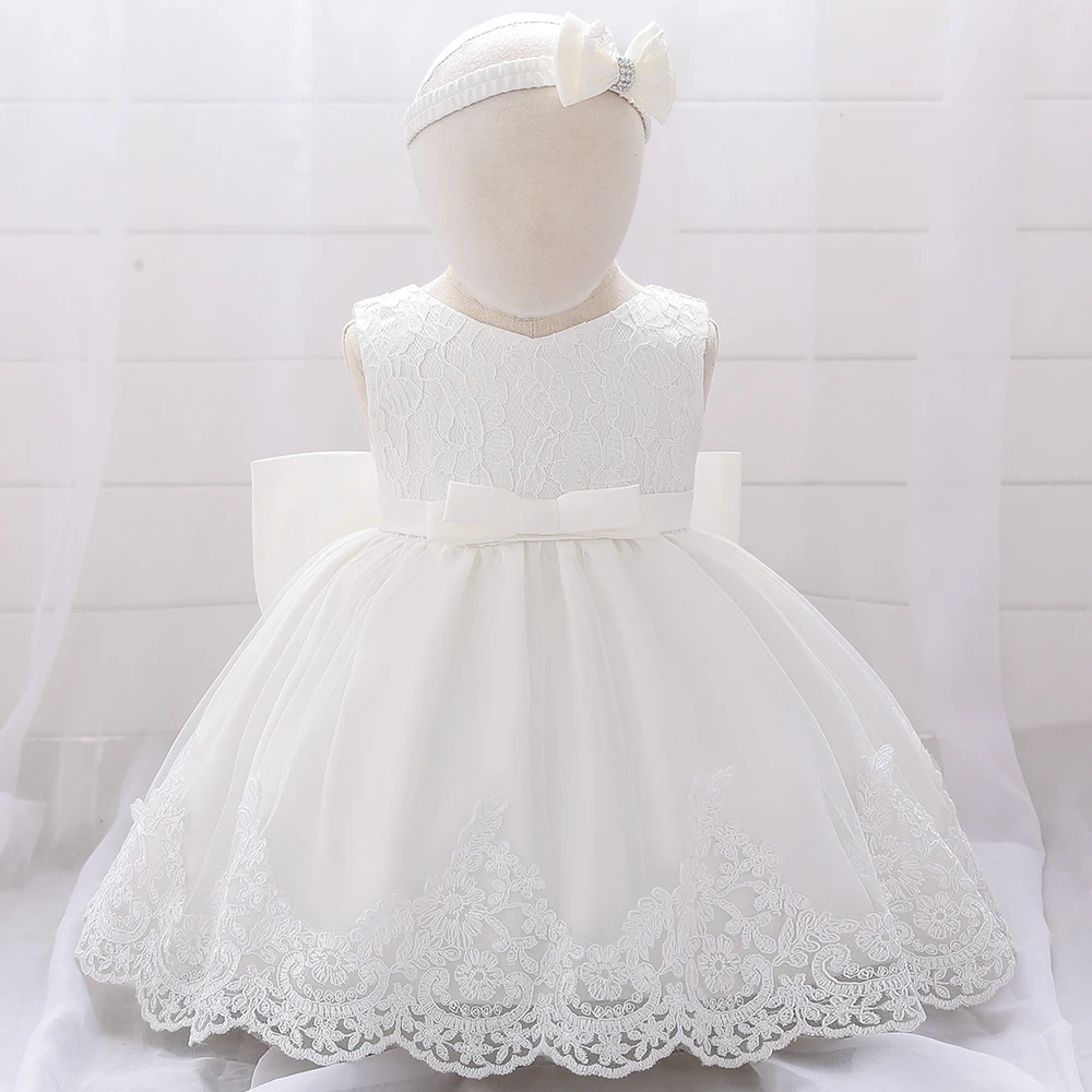 Newborn White Baptism Dress For Girls Infant Baby 1 Year Birthday Wedding Party Dresses Big Bow Lace Baby Girl Summer Clothes