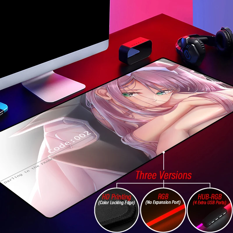 Anime Waterproof ZERO TWO Cute Mouse Pad RGB Illuminate Carpet Kawaii Gaming HUB 4 Port USB Read-Write Mat