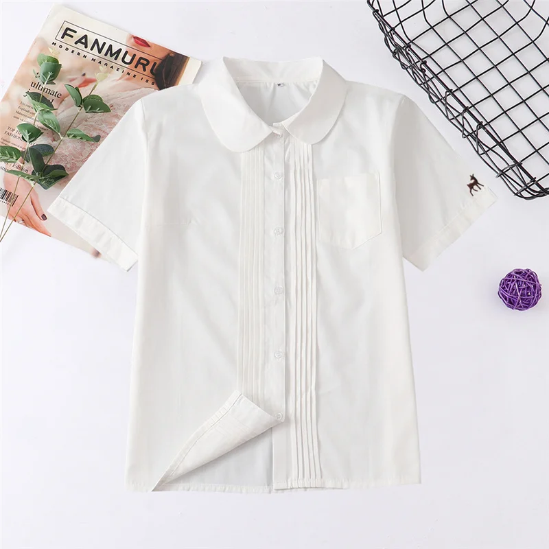 School Dresses JK Uniform Short Sleeves Blouse Students Round Collar/ball Lapel Organ Pleats Deer Embroidered Oversized XS-5XL