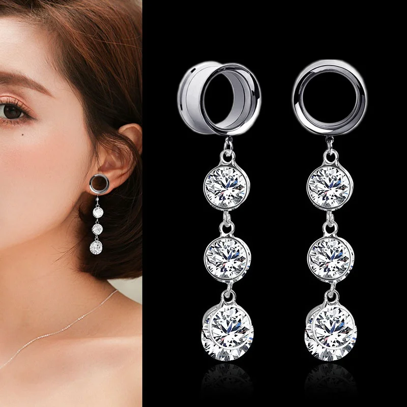 2pieces Stainless Steel Ear Tunnels Plugs and Tunnels Dilataciones Oreja Expansiones Oreja Ear Piercing Gem CZ Crystal Dangle