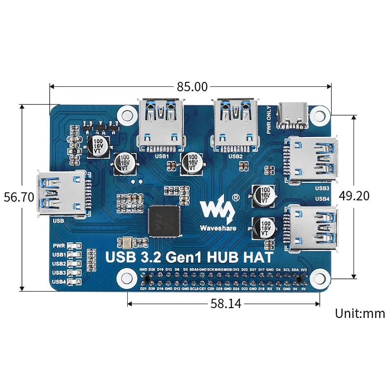 Raspberry Pi USB Hub Hat USB Expansion Board 4 x USB Port 3.2 GEN1 Ports Driver-Free Hat for Raspberry Pi 4 Model B 3B+ 3B